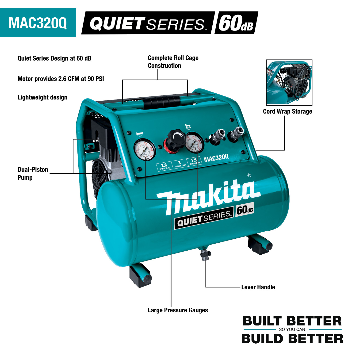 Makita Quiet Series 1-1/2 HP 3 Gallon Oil-Free Electric Air Compressor ...
