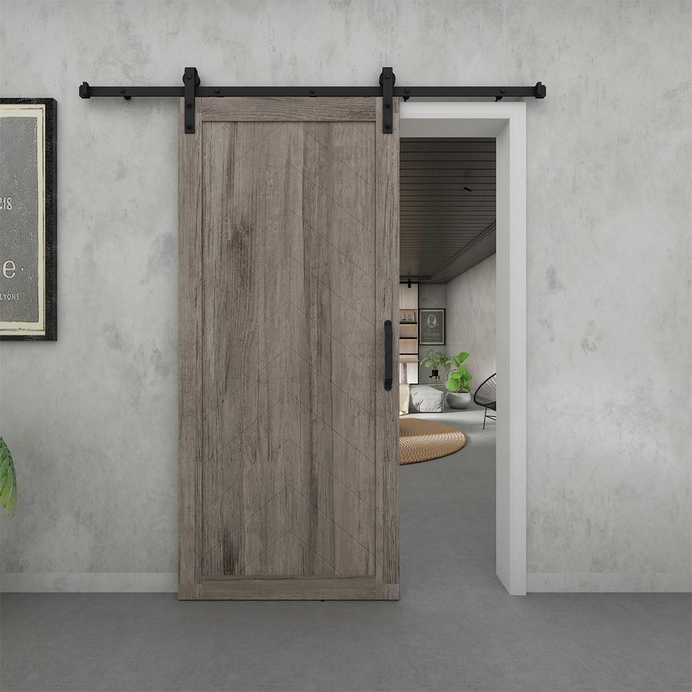 37 in. x 84 in. Herringbone Grey Finished Vinly Sliding Barn Door with Black Hardware Kit - Super Arbor
