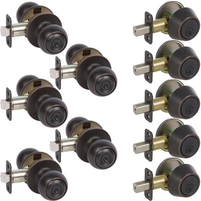 5-Fairfield Edged Oil Rubbed Bronze Rd Knob Entry Door Locks and 5-Edged Oil Rubbed Brz Sgl Cyl Deadbolts All Key Alike - Super Arbor