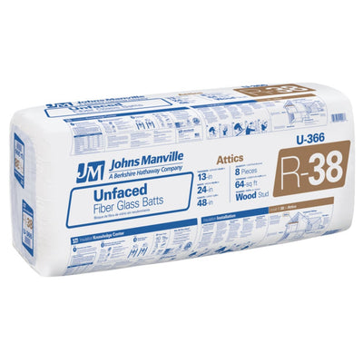 Johns Manville R-38 Unfaced Fiberglass Batt Insulation, 64-sq ft Coverage, 24-in x 48-in, U366S