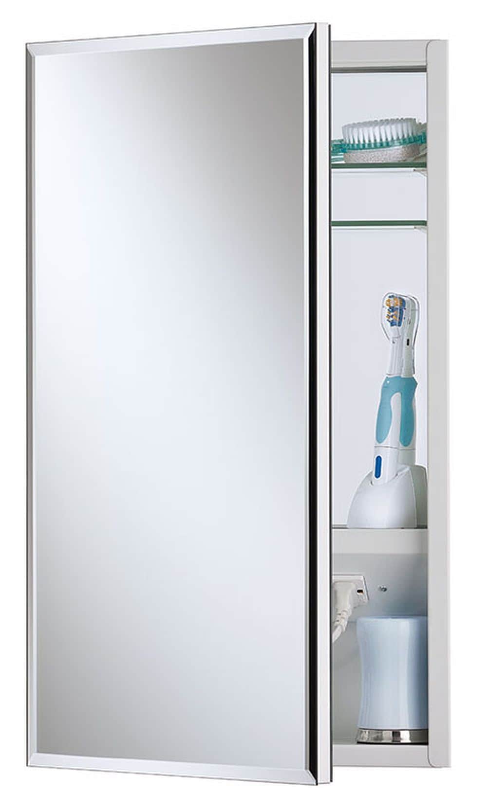 Jensen Meridian 15-in x 35-in Surface/Recessed Mount Frameless Mirrored Medicine Cabinet with Outlet