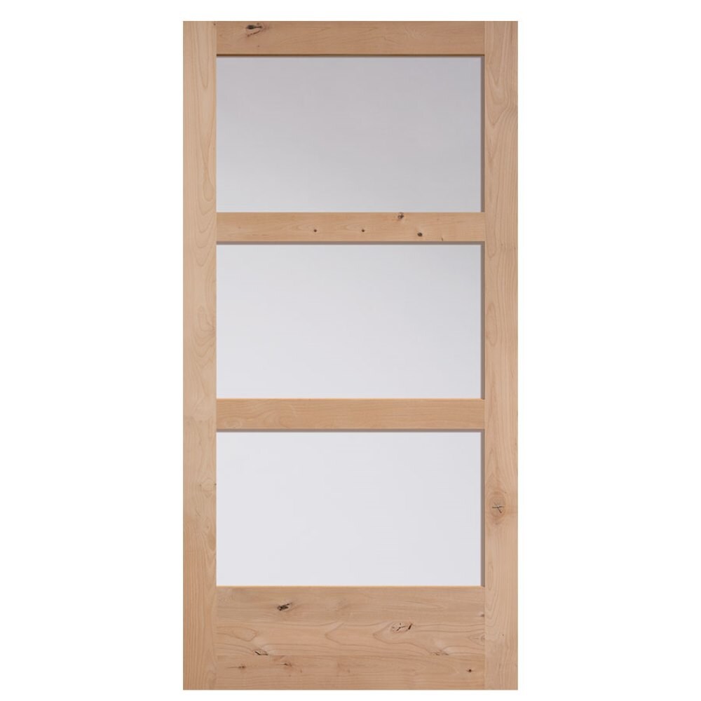Masonite Traditional 42-in x 84-in Natural Unfinished Knotty Alder Wood 3-Lite Clear Glass Single Barn Door (Slab Only)