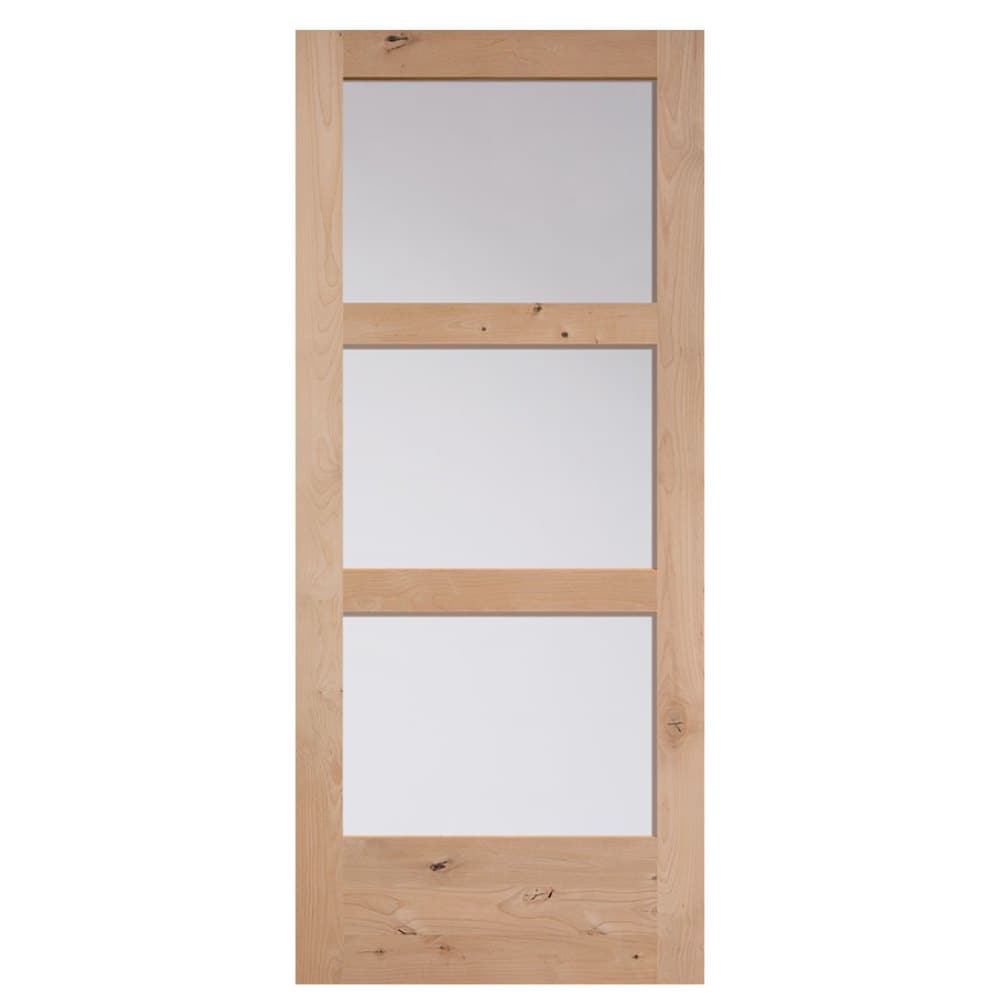 Masonite Traditional 36-in x 84-in Natural Unfinished Knotty Alder Wood Single Barn Door with Clear Glass (Slab Only)