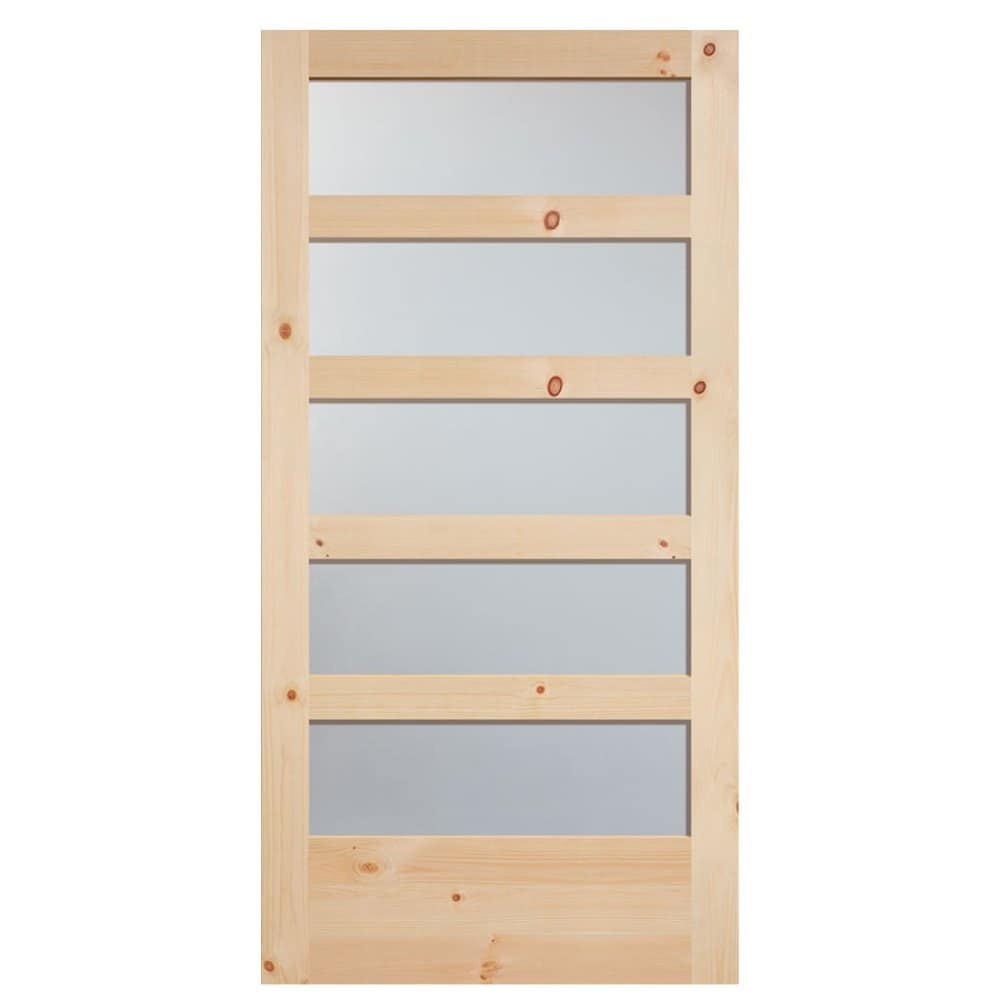 Masonite 42-in x 84-in Natural Unfinished Knotty Pine 5-Lite Frosted Glass Single Barn Door (Slab Only)