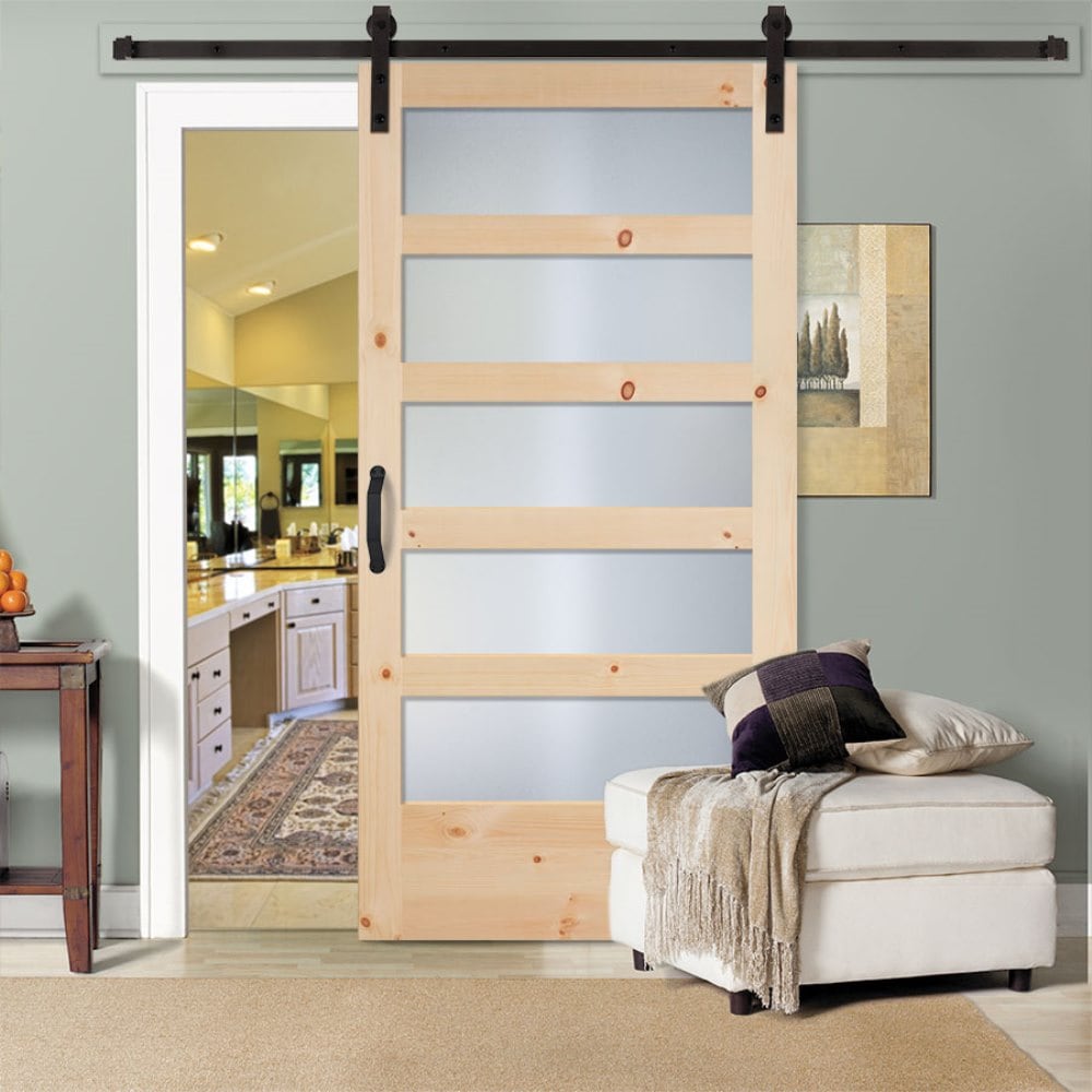 Masonite 42-in x 84-in Natural Unfinished Knotty Pine 5-Lite Frosted Glass Single Barn Door (Slab Only)