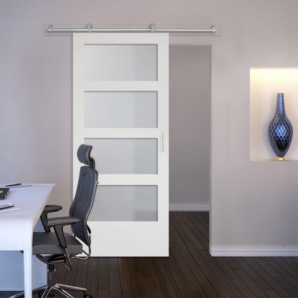 Masonite Traditional 36-in x 84-in Primed MDF Single Barn Door with Frosted Glass