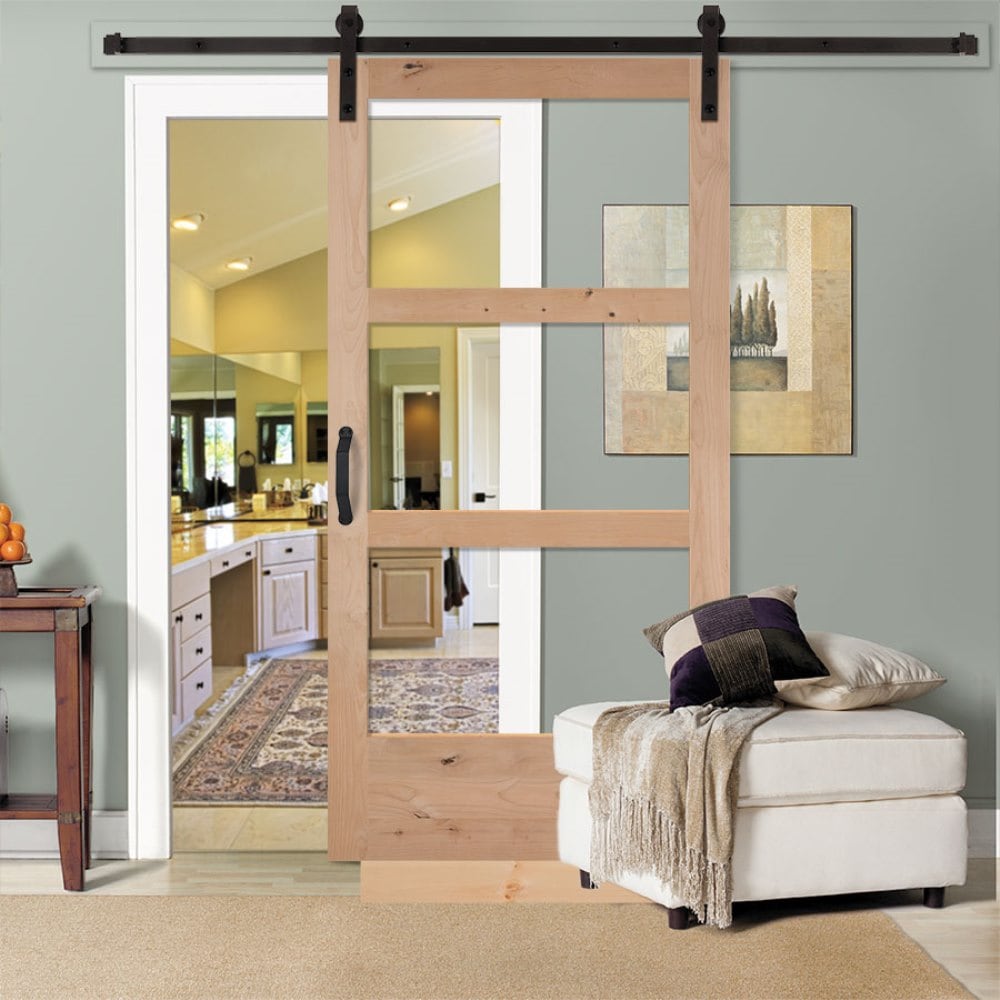 Masonite Traditional 36-in x 84-in Natural Unfinished Knotty Alder Wood Single Barn Door with Clear Glass (Slab Only)