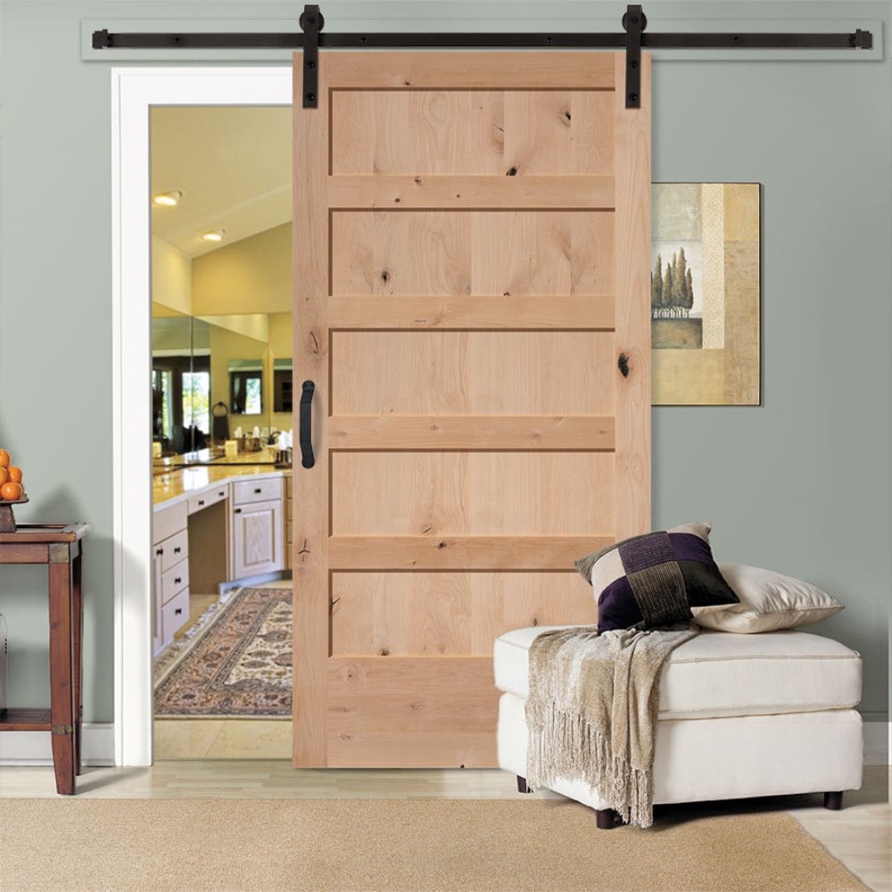 Masonite Traditional 42-in x 84-in Natural 5-Panel Unfinished Knotty Alder Wood Single Barn Door