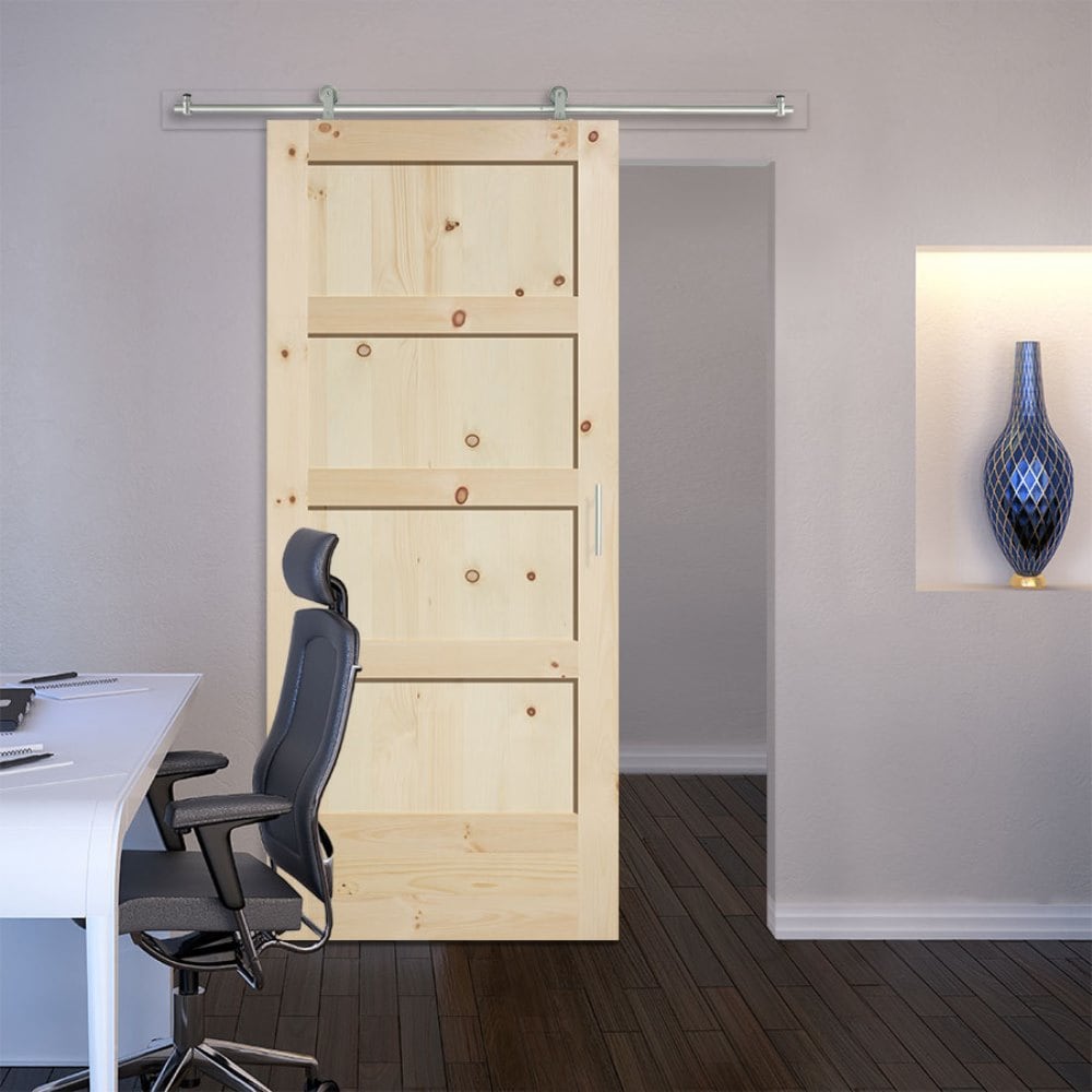 Masonite Traditional 42-in x 84-in Natural 4-Panel Unfinished Knotty Pine Wood Single Barn Door