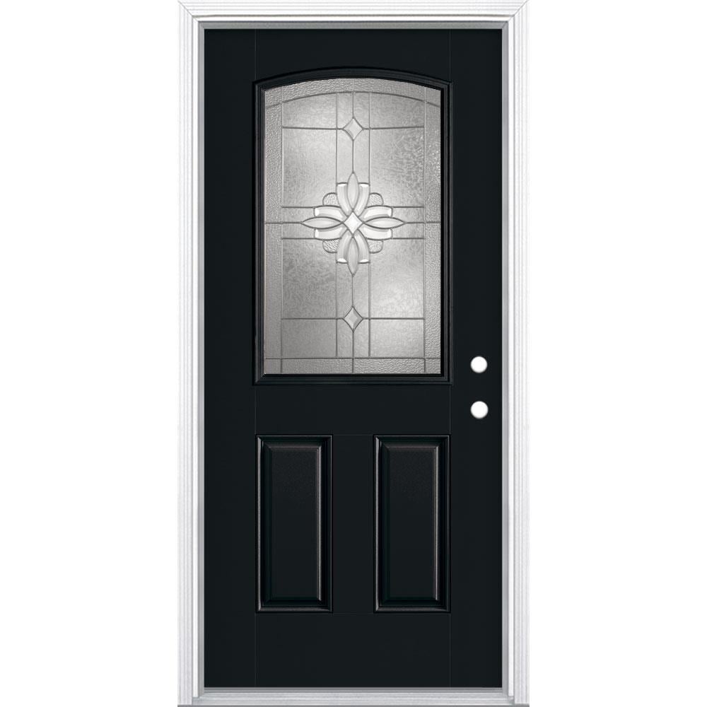 Masonite Laurel 36-in x 80-in Fiberglass Half Lite Left-Hand Inswing Peppercorn Painted Prehung Single Front Door with Brickmould
