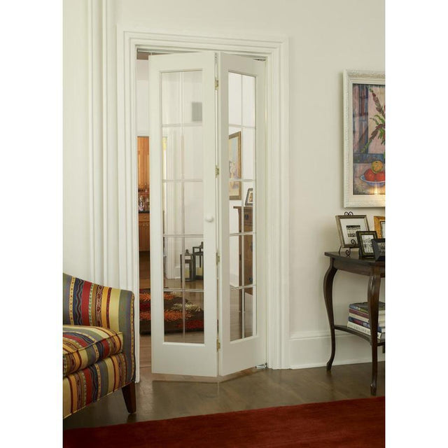 Pinecroft Optique 32-in x 80-in Unfinished Pine Wood 2-Panel Square Patterned Glass Unfinished Pine Wood Bifold Door (Hardware Included)