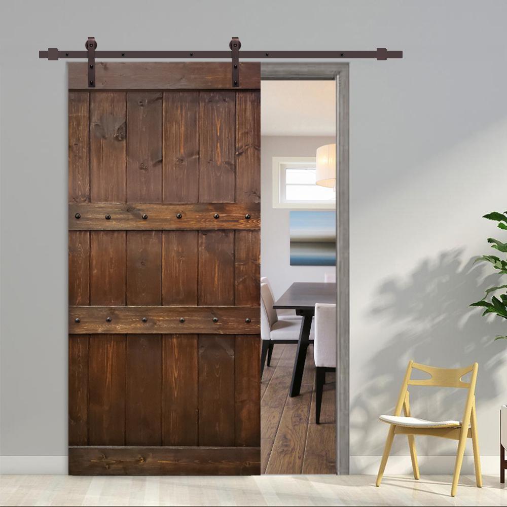 Clavos 42 in. x 84 in. Brown Stained Solid Pine Wood Interior Sliding Barn Door with Sliding Door Hardware Kit - Super Arbor