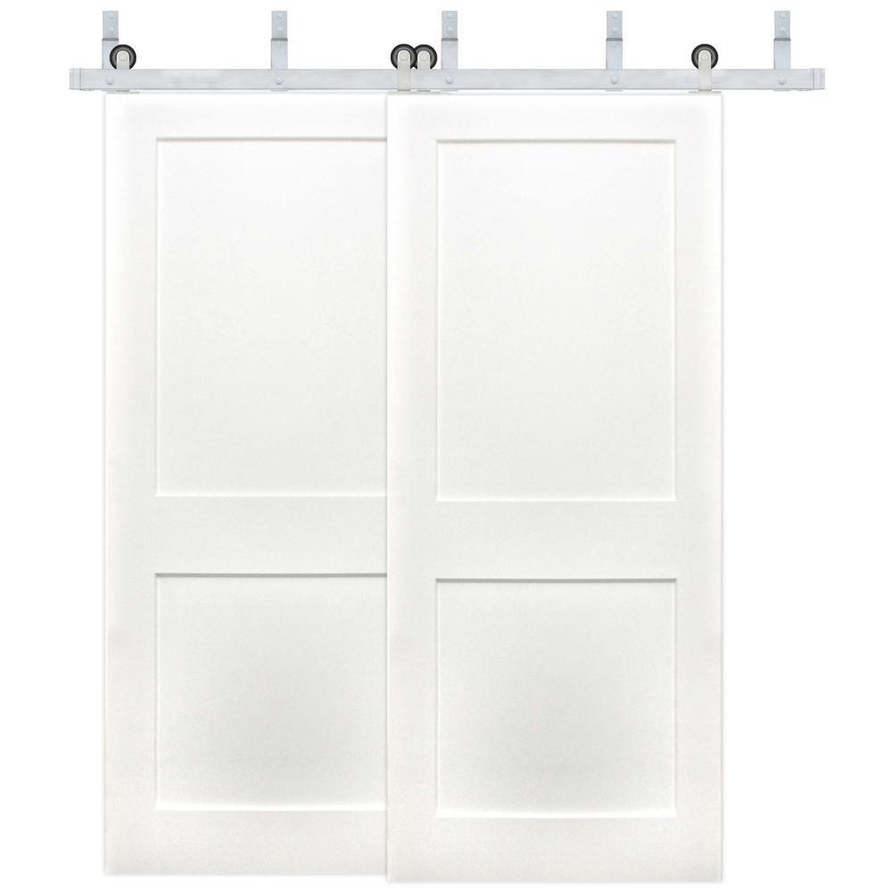 48in.x80in. Bypass Shaker Unfinished 2-Panel Solid Core Prime Pine Wood Sliding Barn Door with Bronze Hardware Kit - Super Arbor