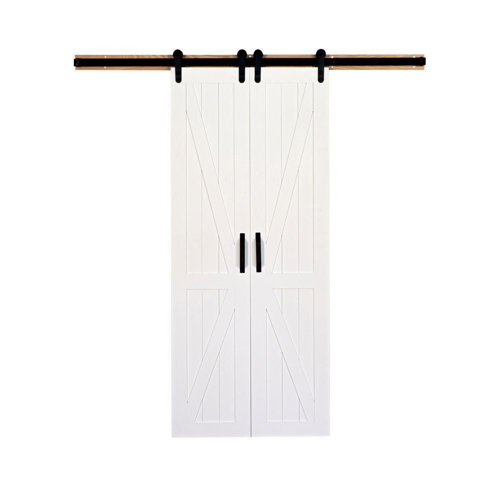 36 in. x 84 in. Board and Batten Primed Solid Wood Split Barn Door with Hardware Kit - Super Arbor