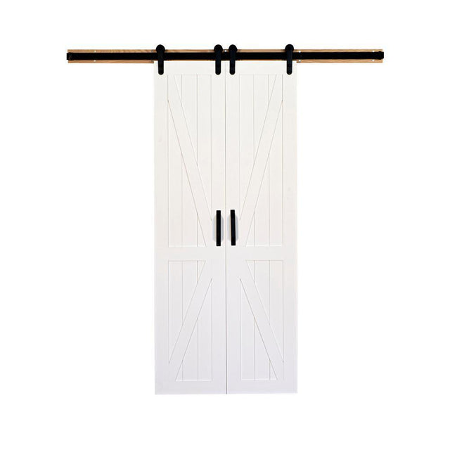 36 in. x 84 in. Board and Batten Primed Solid Wood Split Barn Door with Hardware Kit