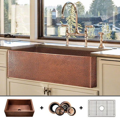 Luxury 33 in. Heavy 12-Gauge Copper Farmhouse Kitchen Sink, Flat Front, Single Bowl, Includes Grid and Flange