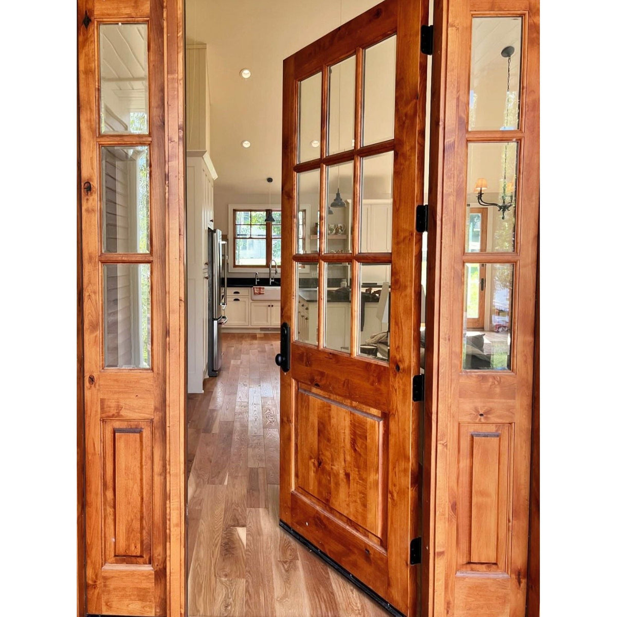 72 in. x 96 in. Craftsman Knotty Alder 9-Lite Clear Glass Unfinished Wood Right Active Inswing Double Prehung Front Door