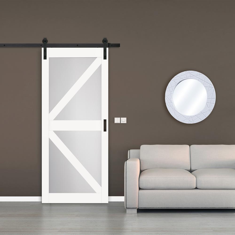 36 in. x 84 in. Bright White MDF Frosted Glass K Design Sliding Barn Door with Rustic Hardware Kit - Super Arbor