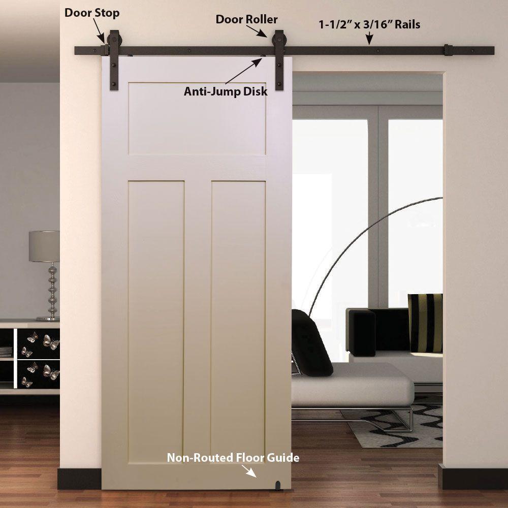 78 in. Black Solid Steel Rolling Barn Door Hardware Kit for Single Wood Doors with Non-Routed Adjustable Floor Guides - Super Arbor
