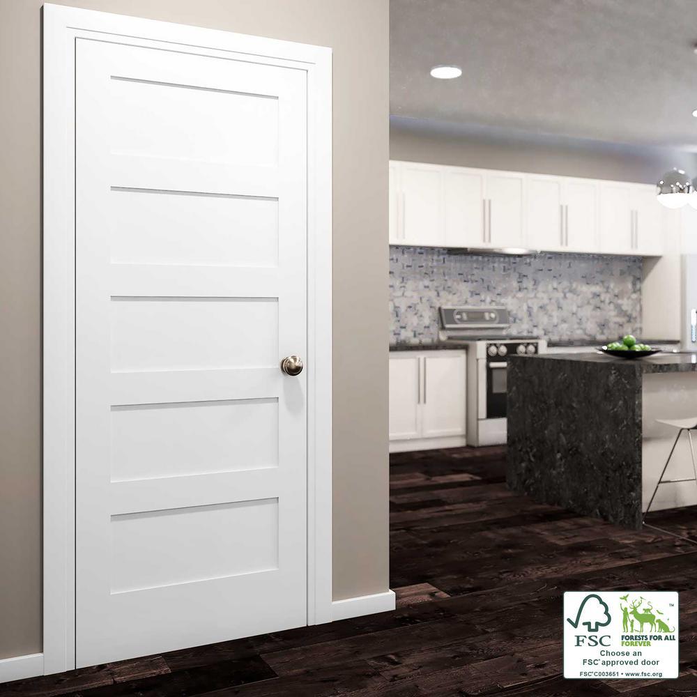 30 in. x 80 in. x 1-3/8 in. Shaker White Primed 5-Panel Solid Core Wood Interior Slab Door - Super Arbor