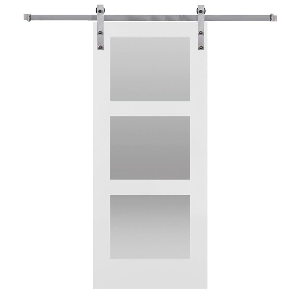 42 in. x 84 in. Shaker 3-Lite Frosted Glass Primed MDF Sliding Barn Door with Bent Strap Hardware Kit - Super Arbor