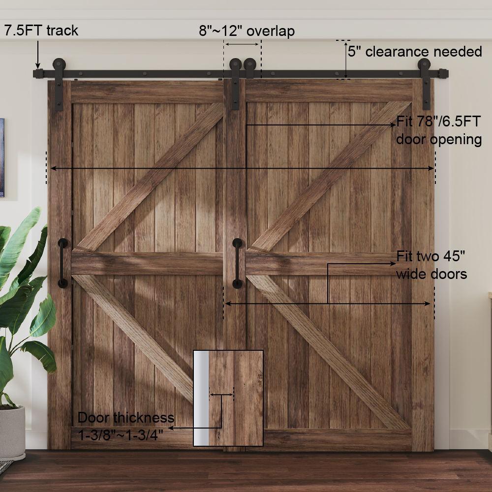 7.5 ft./90 in. Single Track Bypass Sliding Barn Door Hardware Kit for Double Doors Low Ceiling - Super Arbor