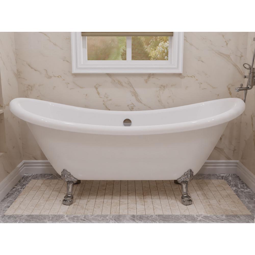 Belissima 69.29 in. Acrylic Double Slipper Clawfoot Non-Whirlpool Bathtub in White with Chrome Lion's Paw Feet - Super Arbor