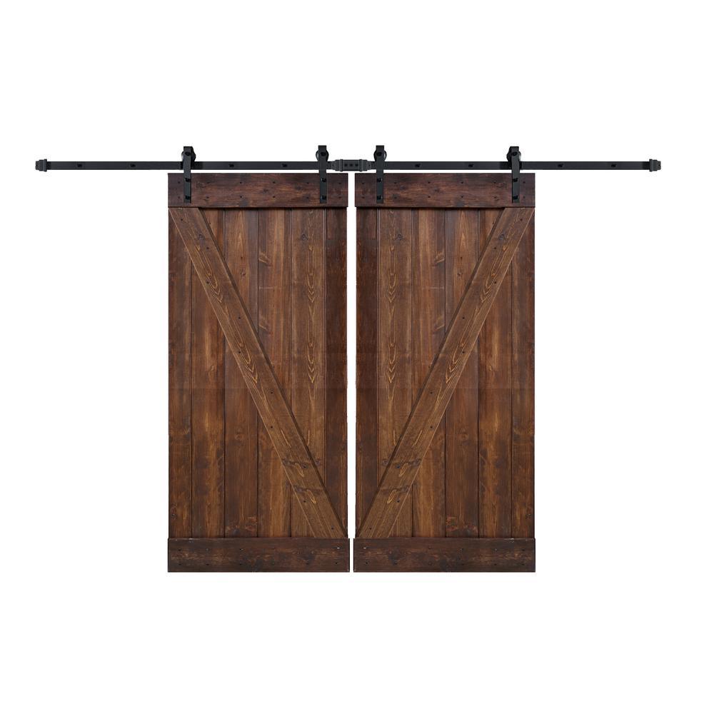 72 in x 84 in Z-Series Dark Walnut DIY Finished Knotty Pine Wood Double Sliding Barn Door with Installation Hardware Kit - Super Arbor