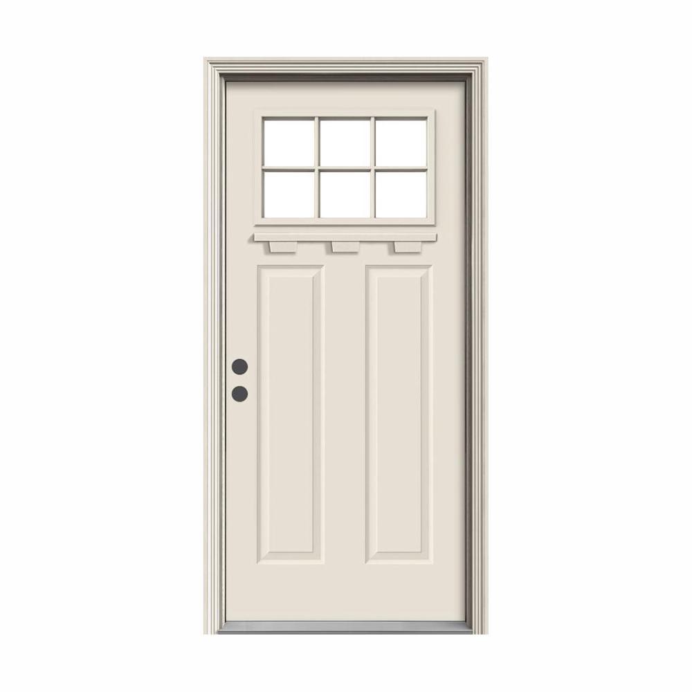 " 36 in. x 80 in. 6 Lite Craftsman Primed Steel Prehung Left-Hand Inswing Front Door w/Brickmould and Shelf"