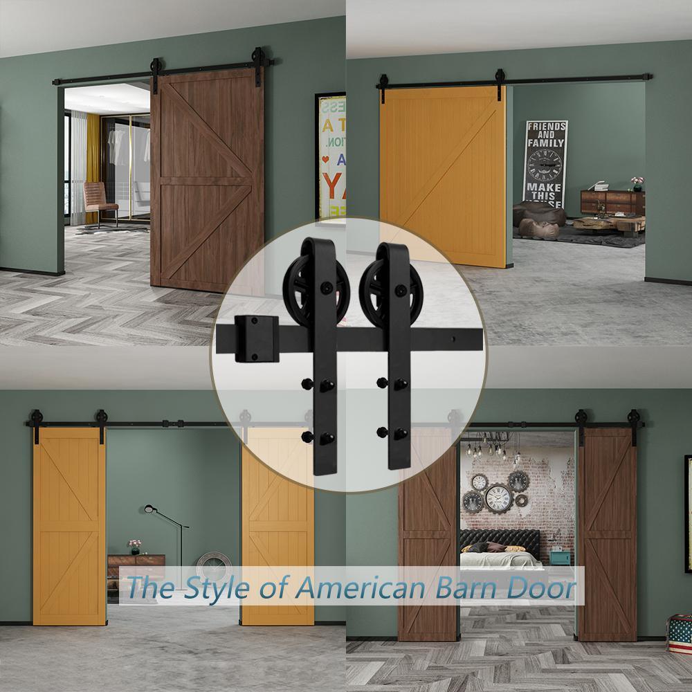8 ft./96 in. Black Sliding Barn Door Track and Hardware Kit (Bigwheel J Shape Hanger) for Single Door with Floor Guide - Super Arbor