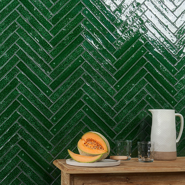 Wabi Sabi Emerald Green 1.5x9 Crackled Glossy Ceramic Tile by Lux