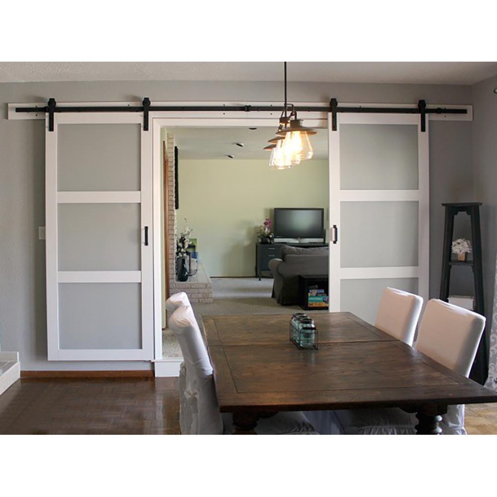 90 in. Frosted Black Sliding Barn Door Hardware Track Kit for Double Doors with Non-Routed Floor Guide - Super Arbor