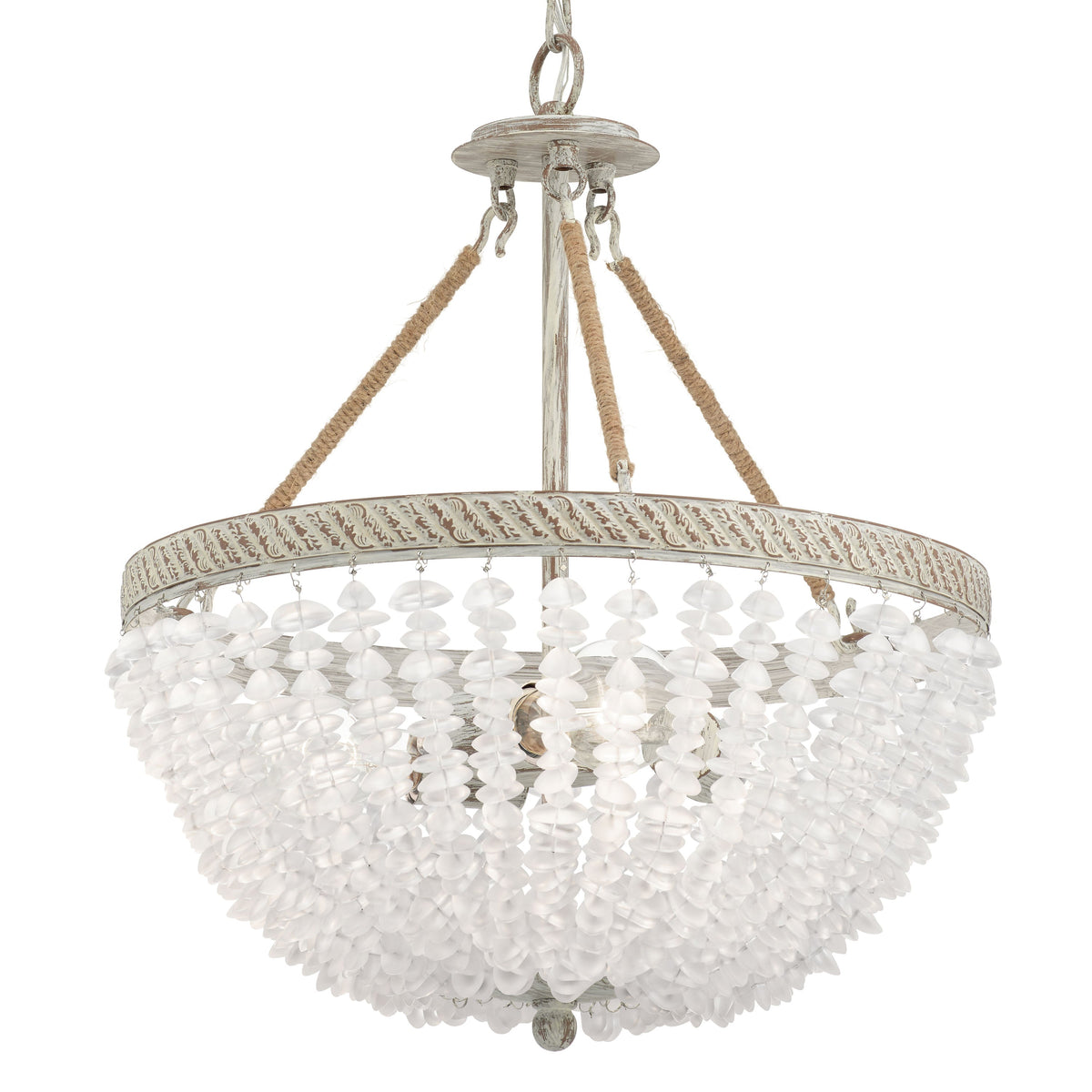 Kichler Kona Cay 3-Light Distressed Antique White Coastal Frosted Glass Bowl Medium Hanging Pendant Light