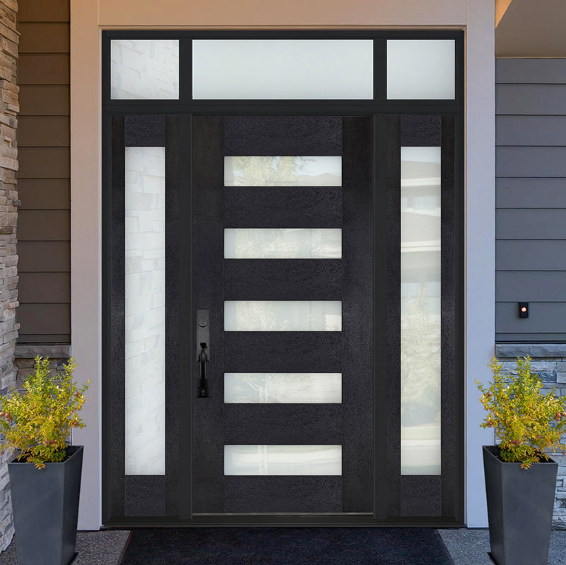 Steves & Sons Regency 36 in. x 96 in. 5L Modern Opaque Glass LHOS Autumn Wheat Stained Fiberglass Prehung Front Door