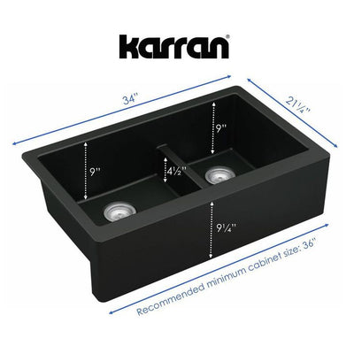 Quartz Composite 34 in. Double Offset Bowl Farmhouse/Apron-Front Kitchen Sink Kit in Black