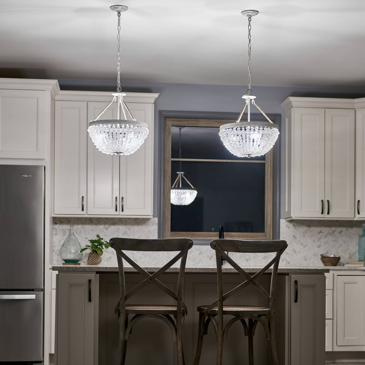 Kichler Kona Cay 3-Light Distressed Antique White Coastal Frosted Glass Bowl Medium Hanging Pendant Light
