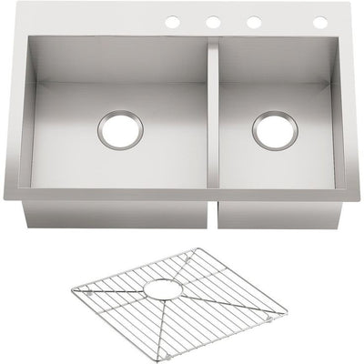 Vault Dual Mount Stainless Steel 33 in. 4-Hole Offset Double Bowl Kitchen Sink Kit with Basin Rack