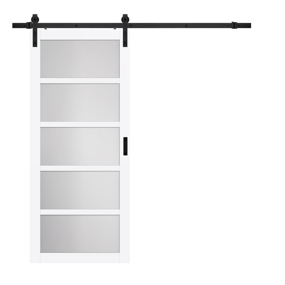 36 in. x 84 in. Iron Age Gray MDF Frosted Glass 5 Lite Design Sliding Barn Door with Rustic Hardware Kit - Super Arbor