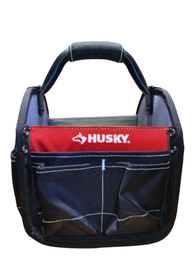 Husky 10 inch Open Top All-Purpose Weather Resistant Tool Tote Bag in Red with 15 pockets and rotating handle with foam grip