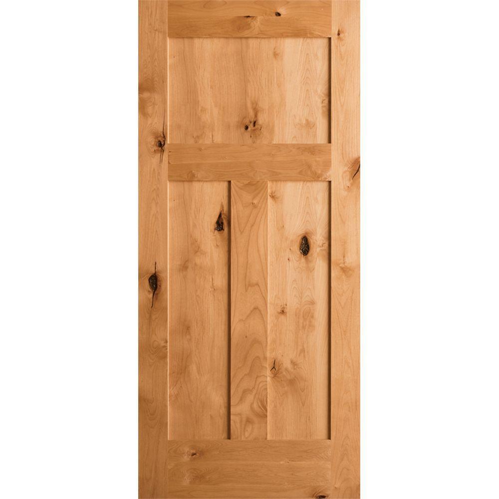 30 in. x 80 in. Krosswood Craftsman 3-Panel Shaker Solid Wood Core Rustic Knotty Alder Interior Door Slab - Super Arbor