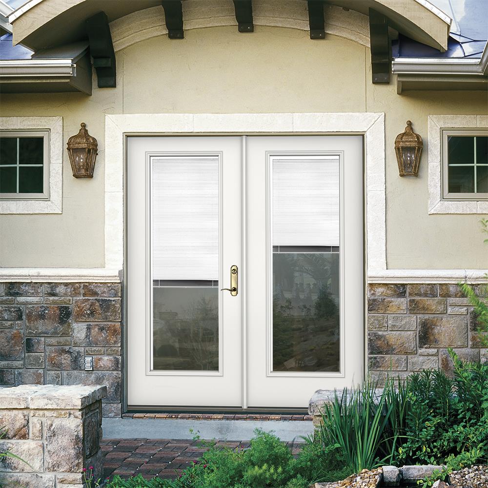 JELD-WEN 72-in x 80-in 4-9/16-in Jamb Low-E Blinds-Between-the-Glass Primed Fiberglass French Left-Hand Inswing Double Patio Door