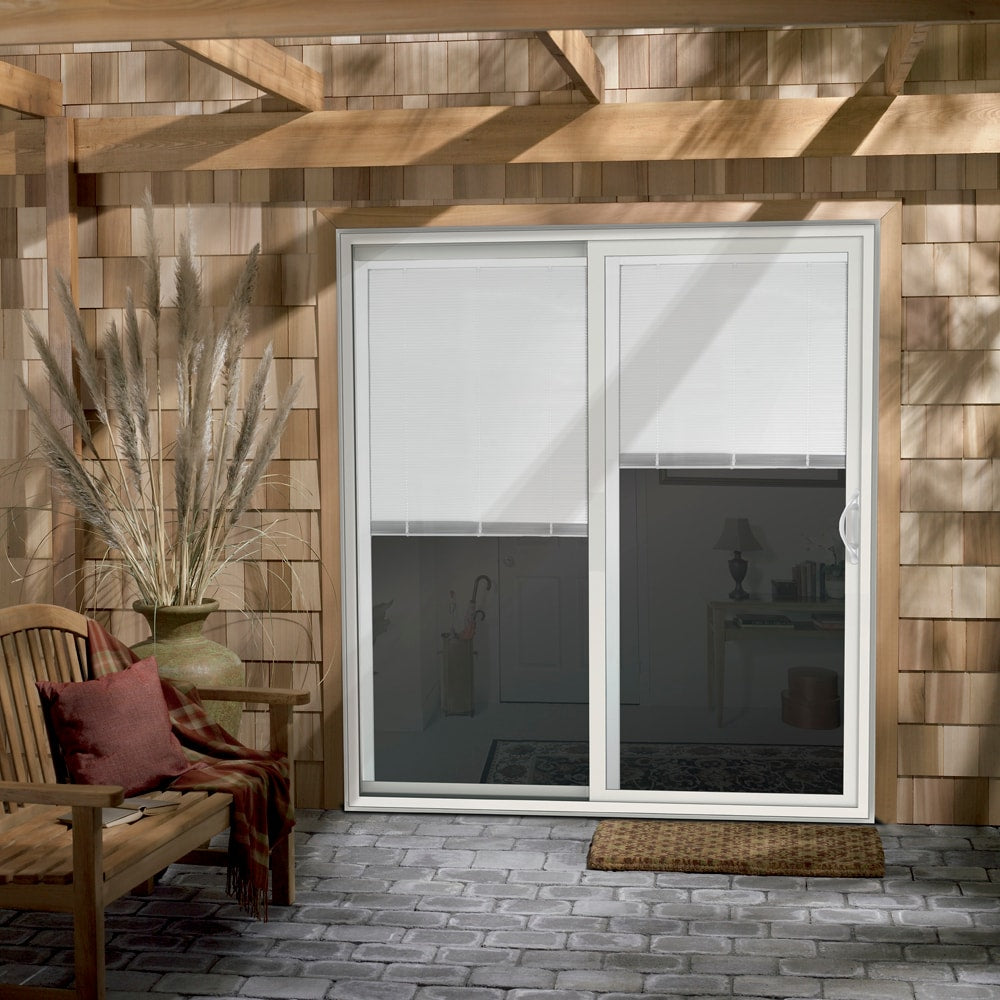 JELD-WEN 72-in x 80-in 4-9/16-in Low-E Insulating Blinds-Between-the-Glass White Vinyl Right-Hand Sliding Double Patio Door