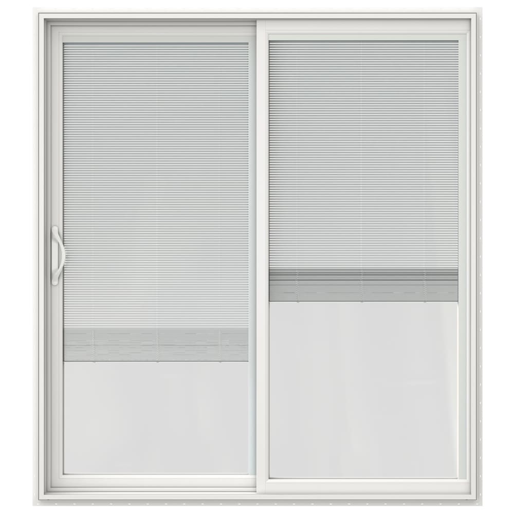 JELD-WEN 72-in x 80-in 4-9/16-in Low‑E Blinds‑Between‑Glass White Vinyl Left‑Hand Sliding Double Patio Door with Screen