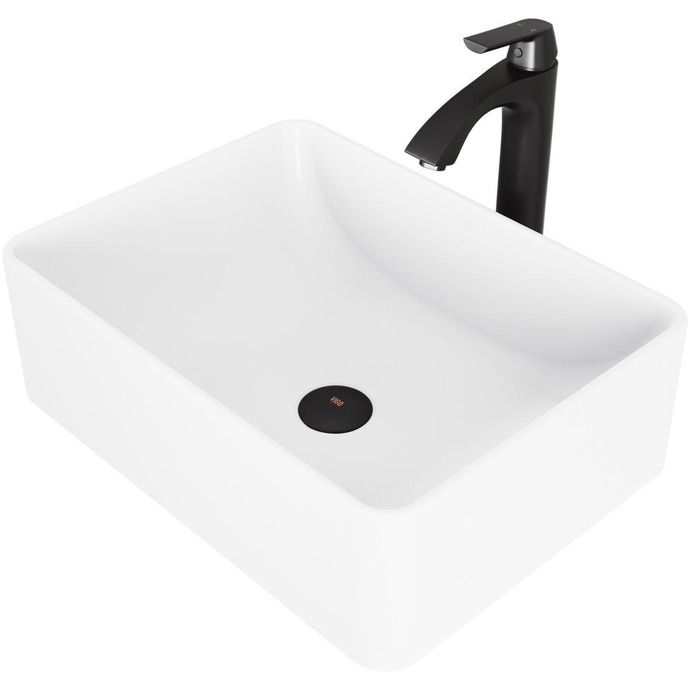 Amaryllis White Matte Stone Vessel Bathroom Sink Set with Linus Vessel ...