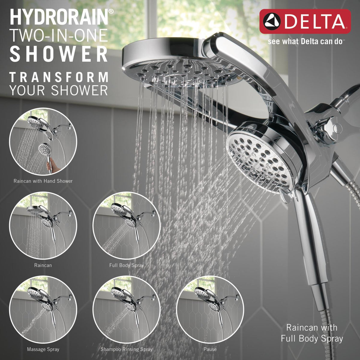 Delta HydroRain 4‑Spray Chrome Dual/Combo Shower Head with Hand Shower, 1.75 GPM (6.6 LPM)
