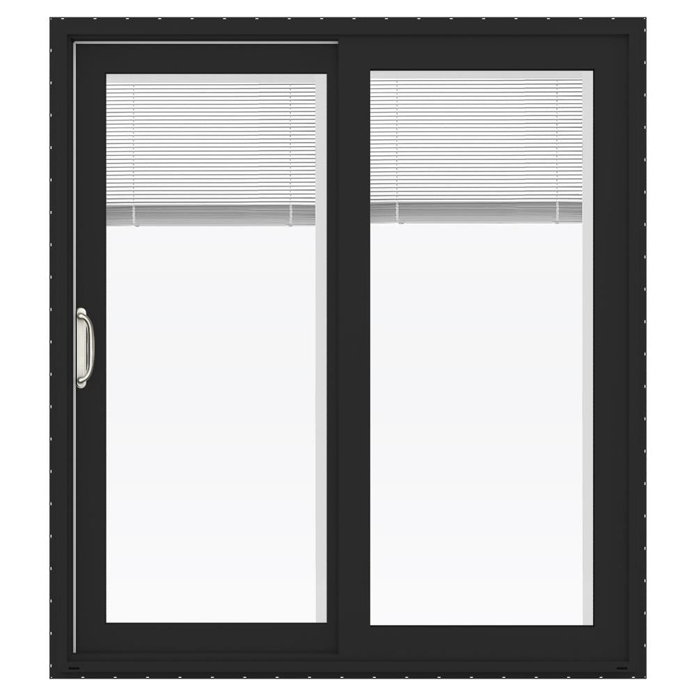 JELD-WEN FiniShield V-4500 72-in x 80-in 4-9/16-in Low-E Blinds-Between-the-Glass Bronze Vinyl Left-Hand Sliding Double Patio Door with Screen