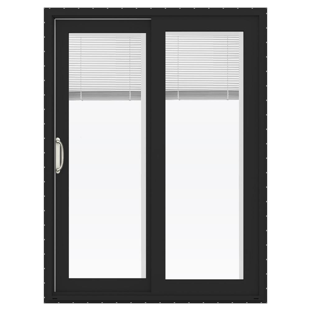 JELD-WEN FiniShield V-4500 60-in x 80-in 4-9/16-in Low-E Blinds-Between-the-Glass Bronze Vinyl Left-Hand Sliding Double Patio Door with Screen