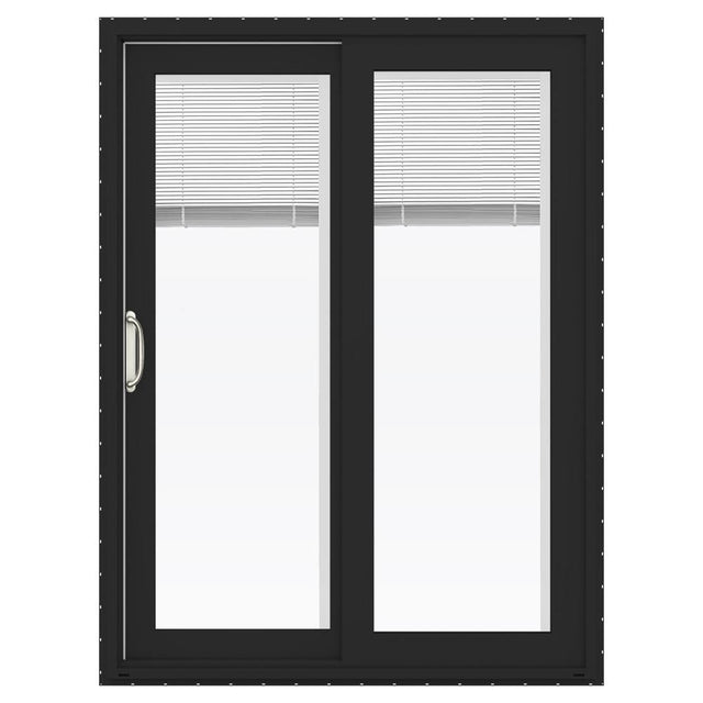 JELD-WEN FiniShield V-4500 60-in x 80-in 4-9/16-in Low-E Blinds-Between-the-Glass Bronze Vinyl Left-Hand Sliding Double Patio Door with Screen