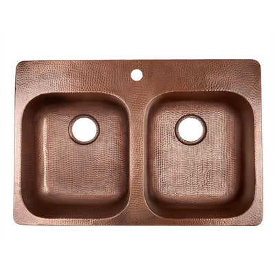 Santi Drop-In Handmade Pure Solid Copper 33 in. 50/50 1-Hole Double Bowl Copper Kitchen Sink in Antique Copper