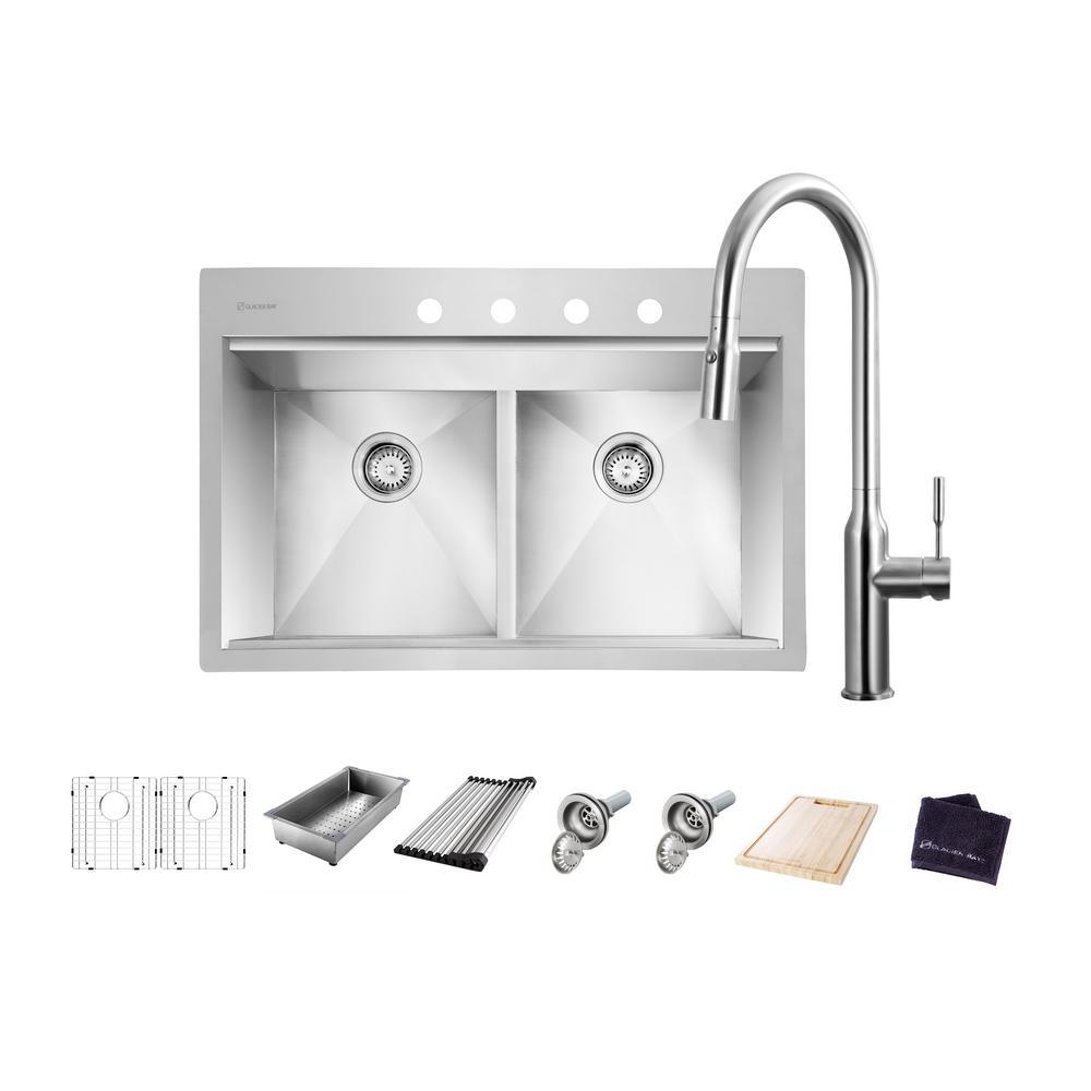 All-in-One Drop-In Stainless Steel 33 in. 4-Hole 50/50 Double Bowl Workstation Sink with Faucet and Accessories Kit - Super Arbor